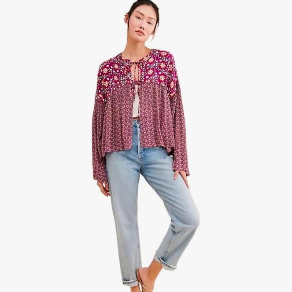 Free People Malia Babydoll Jacket Top in Berry Combo Size XS NWT